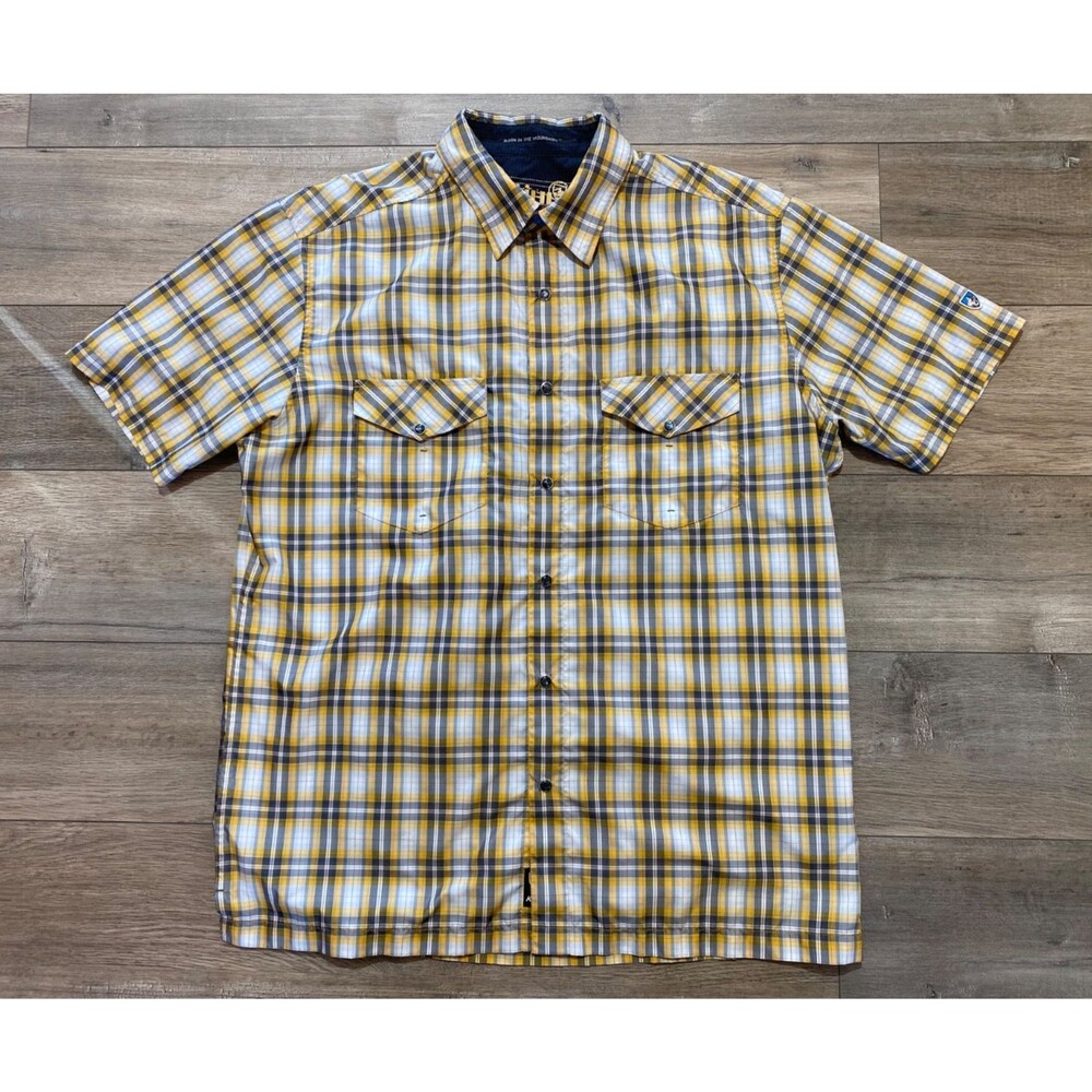 KUHL Response Mens L Brown Gray Plaid Short Sleeve Flap Pockets Snap Shirt